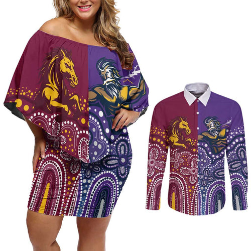 Broncos Vs Storm Rugby NRL Custom Indigenous Couples Matching Off Shoulder Short Dress and Long Sleeve Button Shirt Fight To The Last - Aussie Hoodie