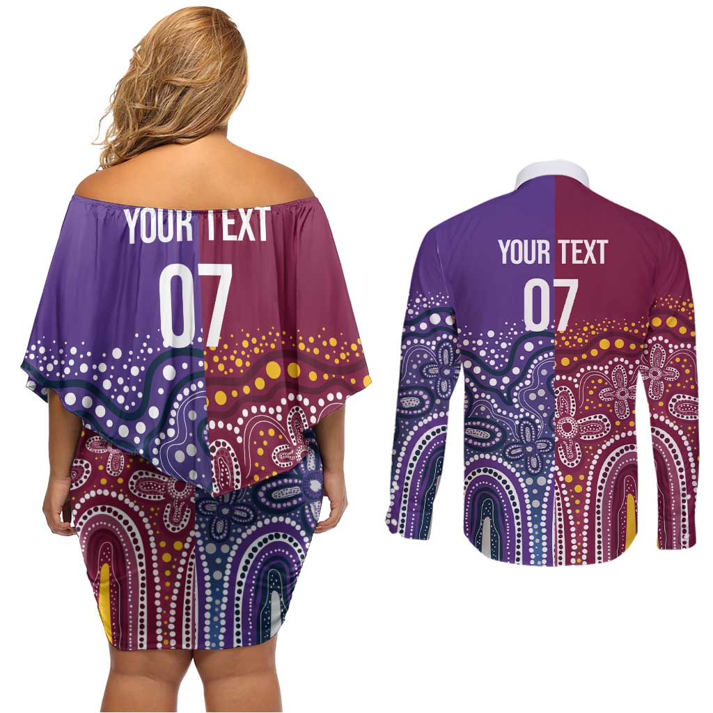Broncos Vs Storm Rugby NRL Custom Indigenous Couples Matching Off Shoulder Short Dress and Long Sleeve Button Shirt Fight To The Last - Aussie Hoodie