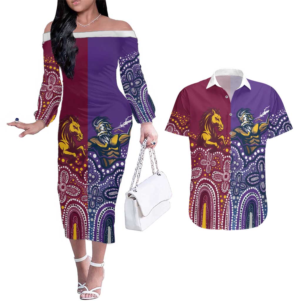 Broncos Vs Storm Rugby NRL Custom Indigenous Couples Matching Off The Shoulder Long Sleeve Dress and Hawaiian Shirt Fight To The Last - Aussie Hoodie