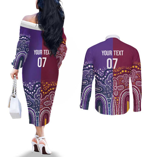 Broncos Vs Storm Rugby NRL Custom Indigenous Couples Matching Off The Shoulder Long Sleeve Dress and Long Sleeve Button Shirt Fight To The Last - Aussie Hoodie