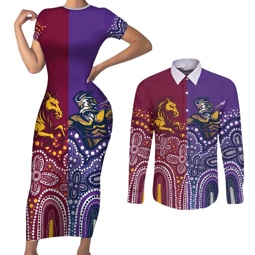 Broncos Vs Storm Rugby NRL Custom Indigenous Couples Matching Short Sleeve Bodycon Dress and Long Sleeve Button Shirt Fight To The Last - Aussie Hoodie