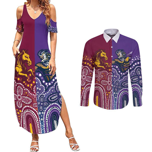 Broncos Vs Storm Rugby NRL Custom Indigenous Couples Matching Summer Maxi Dress and Long Sleeve Button Shirt Fight To The Last - Aussie Hoodie