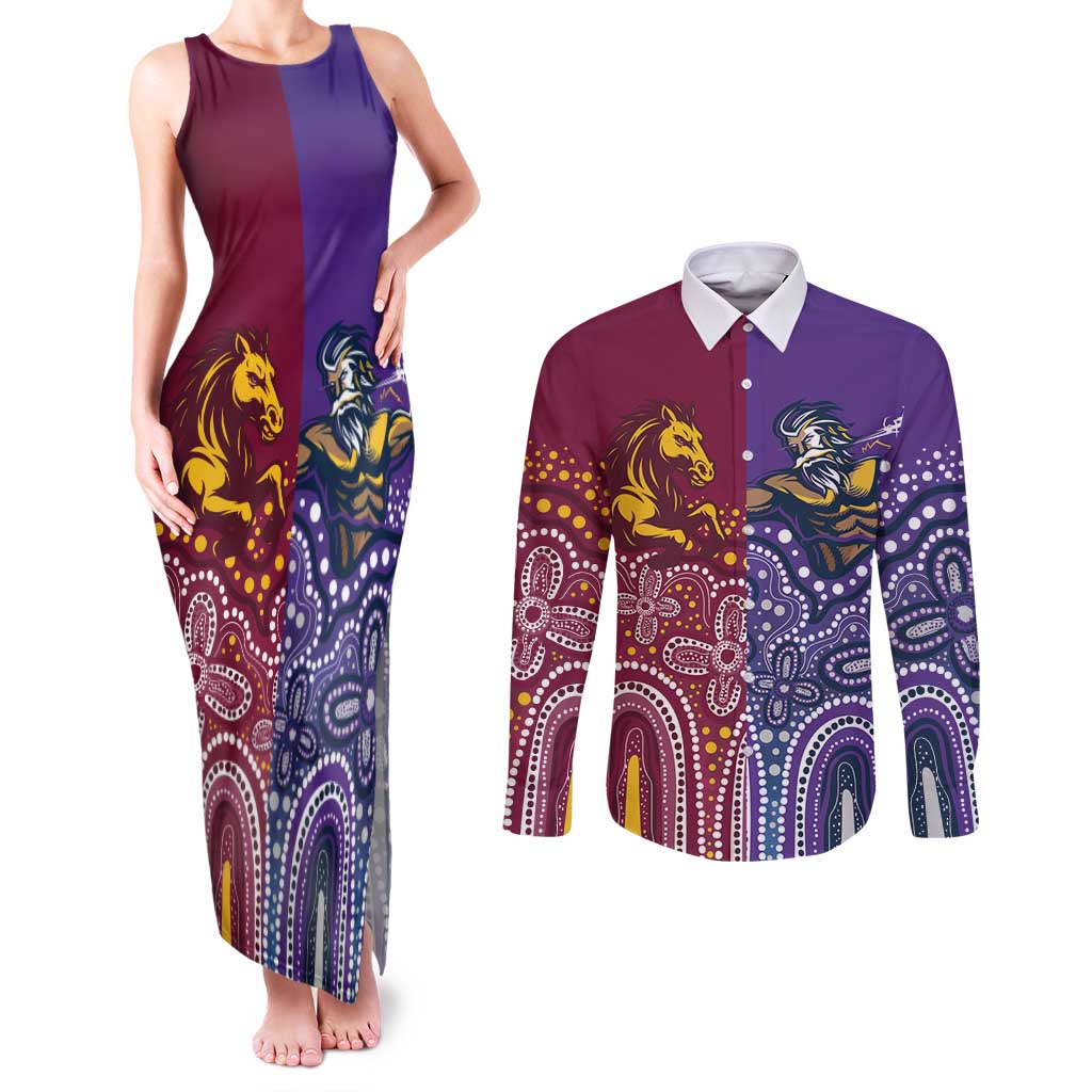 Broncos Vs Storm Rugby NRL Custom Indigenous Couples Matching Tank Maxi Dress and Long Sleeve Button Shirt Fight To The Last - Aussie Hoodie