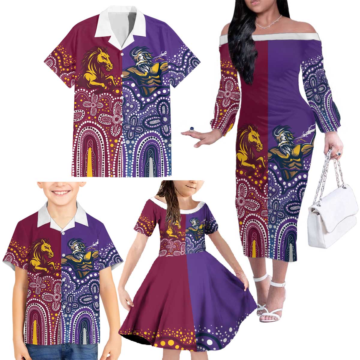 Broncos Vs Storm Rugby NRL Custom Indigenous Family Matching Off The Shoulder Long Sleeve Dress and Hawaiian Shirt Fight To The Last - Aussie Hoodie
