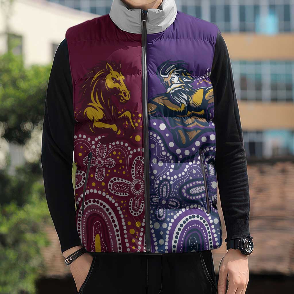 Broncos Vs Storm Rugby NRL Custom Indigenous Sleeveless Puffer Jacket Fight To The Last - Aussie Hoodie