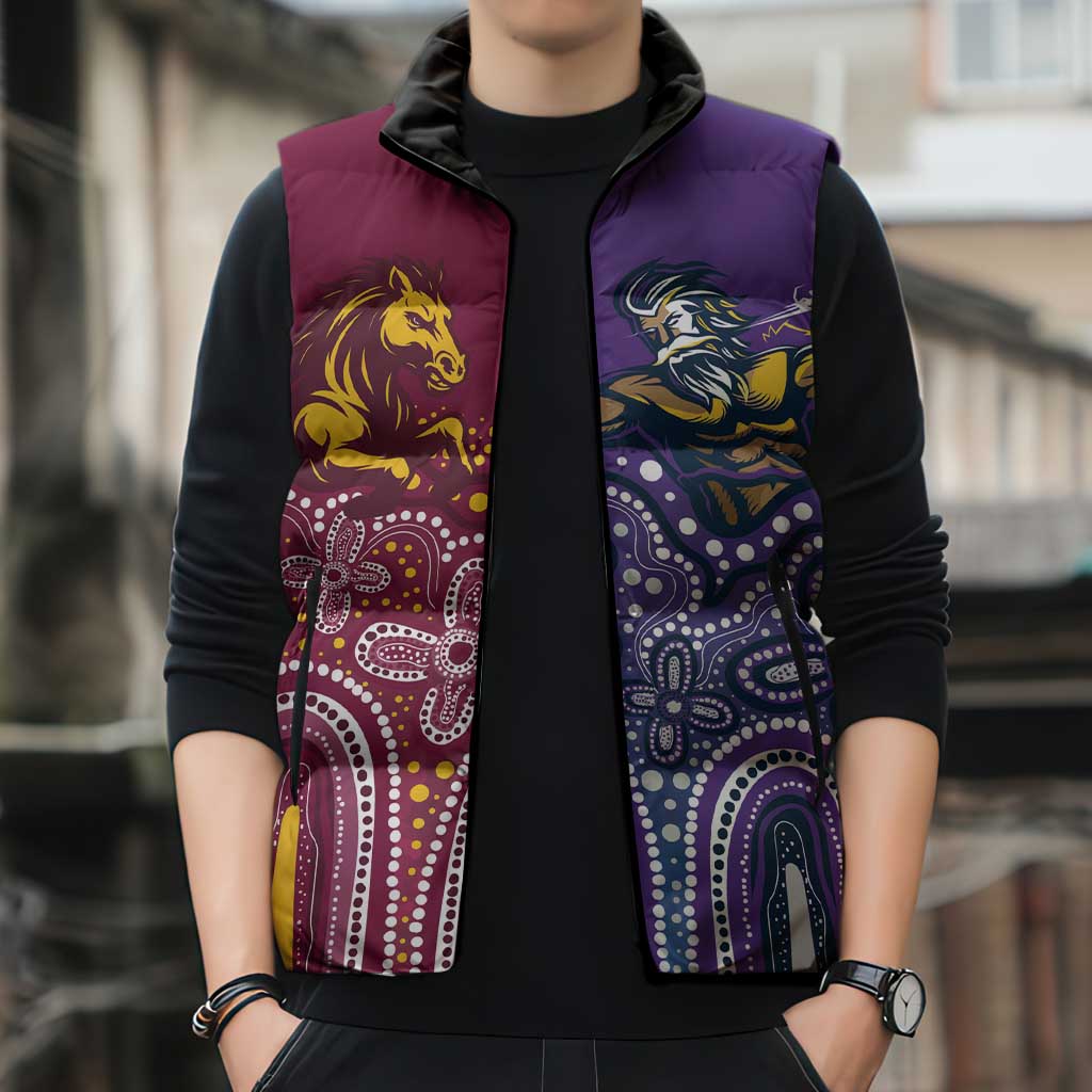Broncos Vs Storm Rugby NRL Custom Indigenous Sleeveless Puffer Jacket Fight To The Last - Aussie Hoodie