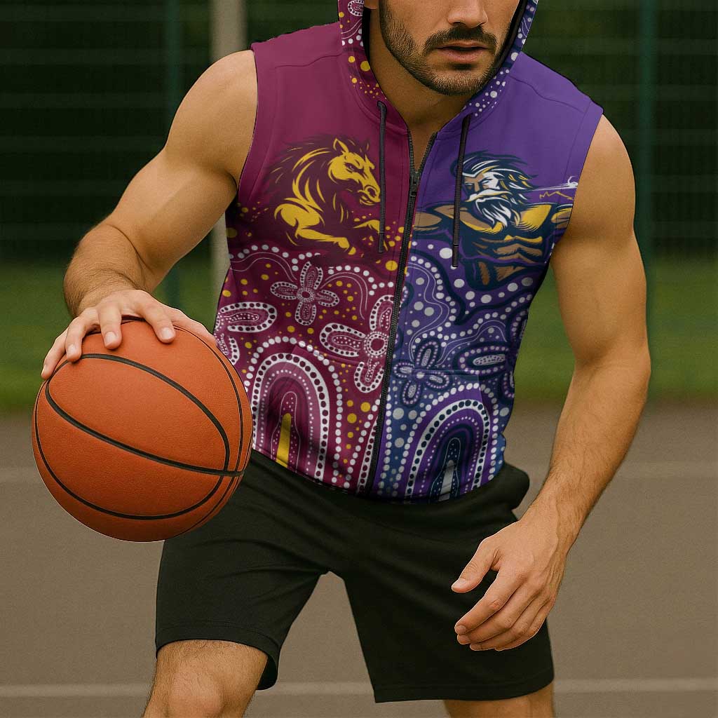 Broncos Vs Storm Rugby NRL Custom Indigenous Sleeveless Zip Hoodie Fight To The Last LT7
