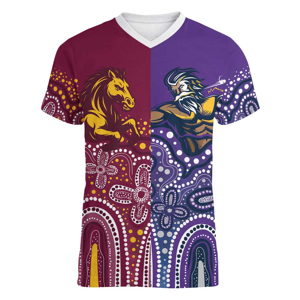 Broncos Vs Storm Rugby NRL Custom Indigenous Women V-Neck T-Shirt Fight To The Last - Aussie Hoodie