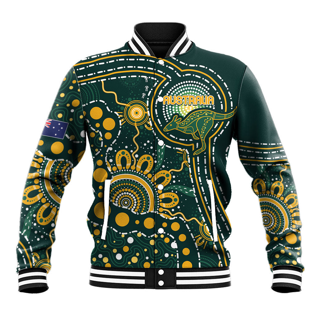 Australia Kangaroos Custom Indigenous Personalised Baseball Jacket Aboriginal Arts - Rising Sun