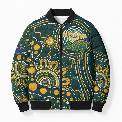 Australia Kangaroos Custom Indigenous Personalised Bomber Puffer Jacket Aboriginal Arts - Rising Sun