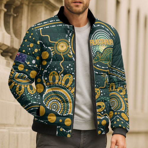 Australia Kangaroos Custom Indigenous Personalised Bomber Puffer Jacket Aboriginal Arts - Rising Sun