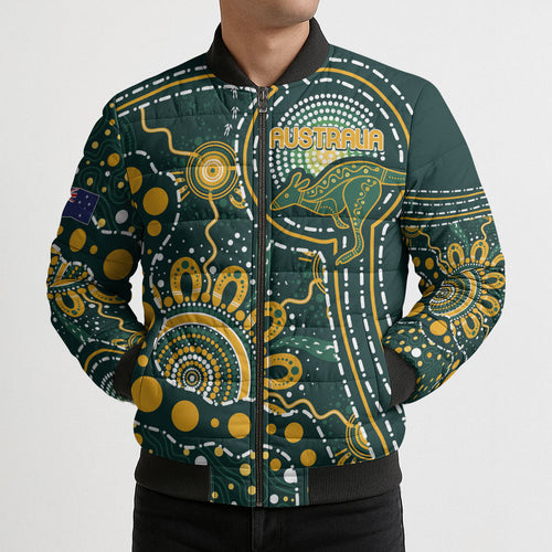 Australia Kangaroos Custom Indigenous Personalised Bomber Puffer Jacket Aboriginal Arts - Rising Sun