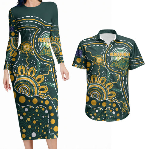 Australia Kangaroos Custom Indigenous Personalised Couples Matching Long Sleeve Bodycon Dress and Hawaiian Shirt Aboriginal Arts - Rising Sun
