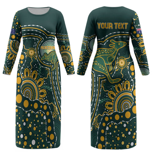 Australia Kangaroos Custom Indigenous Personalised Couples Matching Long Sleeve Bodycon Dress and Hawaiian Shirt Aboriginal Arts - Rising Sun