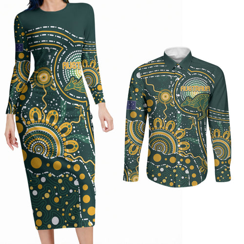 Australia Kangaroos Custom Indigenous Personalised Couples Matching Long Sleeve Bodycon Dress and Long Sleeve Button Shirt Aboriginal Arts - Rising Sun