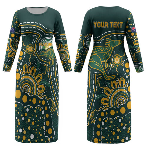 Australia Kangaroos Custom Indigenous Personalised Couples Matching Long Sleeve Bodycon Dress and Long Sleeve Button Shirt Aboriginal Arts - Rising Sun
