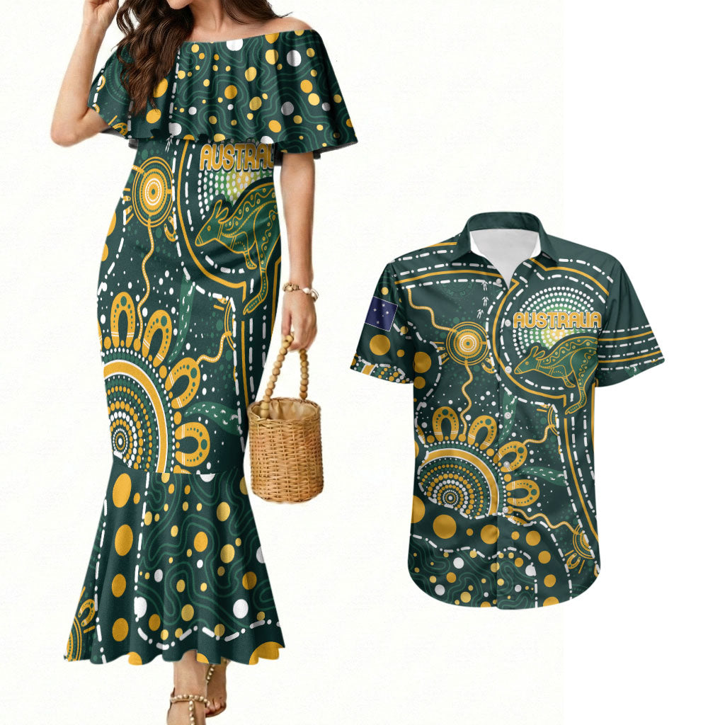 Australia Kangaroos Custom Indigenous Personalised Couples Matching Mermaid Dress and Hawaiian Shirt Aboriginal Arts - Rising Sun