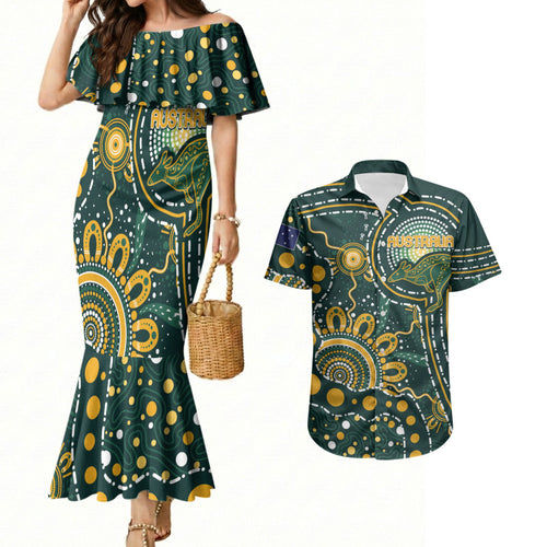 Australia Kangaroos Custom Indigenous Personalised Couples Matching Mermaid Dress and Hawaiian Shirt Aboriginal Arts - Rising Sun