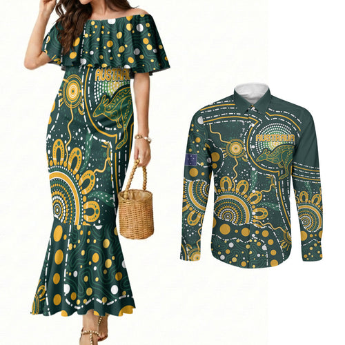 Australia Kangaroos Custom Indigenous Personalised Couples Matching Mermaid Dress and Long Sleeve Button Shirt Aboriginal Arts - Rising Sun