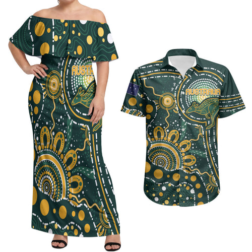 Australia Kangaroos Custom Indigenous Personalised Couples Matching Off Shoulder Maxi Dress and Hawaiian Shirt Aboriginal Arts - Rising Sun