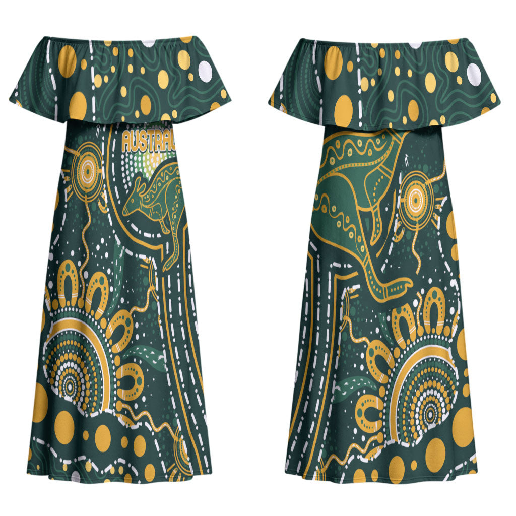 Australia Kangaroos Custom Indigenous Personalised Couples Matching Off Shoulder Maxi Dress and Hawaiian Shirt Aboriginal Arts - Rising Sun