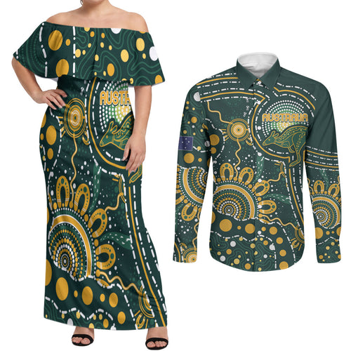 Australia Kangaroos Custom Indigenous Personalised Couples Matching Off Shoulder Maxi Dress and Long Sleeve Button Shirt Aboriginal Arts - Rising Sun