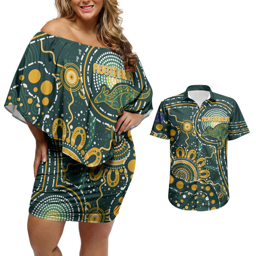 Australia Kangaroos Custom Indigenous Personalised Couples Matching Off Shoulder Short Dress and Hawaiian Shirt Aboriginal Arts - Rising Sun