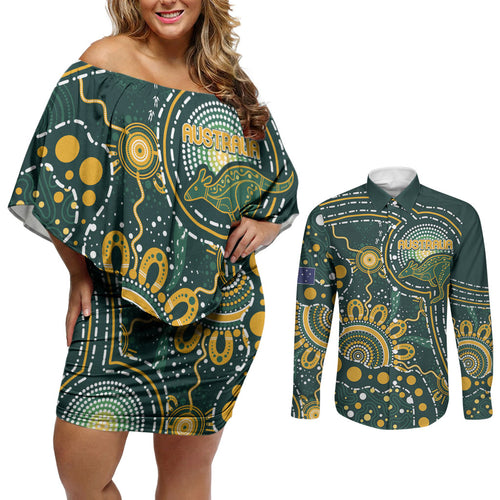 Australia Kangaroos Custom Indigenous Personalised Couples Matching Off Shoulder Short Dress and Long Sleeve Button Shirt Aboriginal Arts - Rising Sun