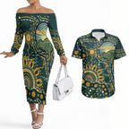 Australia Kangaroos Custom Indigenous Personalised Couples Matching Off The Shoulder Long Sleeve Dress and Hawaiian Shirt Aboriginal Arts - Rising Sun