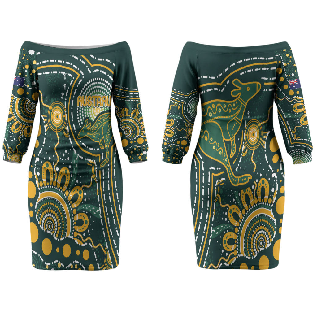 Australia Kangaroos Custom Indigenous Personalised Couples Matching Off The Shoulder Long Sleeve Dress and Hawaiian Shirt Aboriginal Arts - Rising Sun