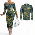 Australia Kangaroos Custom Indigenous Personalised Couples Matching Off The Shoulder Long Sleeve Dress and Long Sleeve Button Shirt Aboriginal Arts - Rising Sun