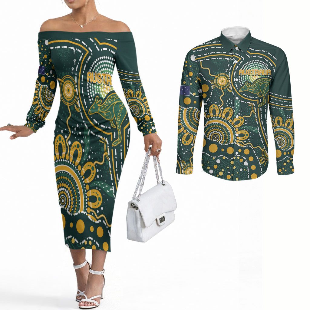 Australia Kangaroos Custom Indigenous Personalised Couples Matching Off The Shoulder Long Sleeve Dress and Long Sleeve Button Shirt Aboriginal Arts - Rising Sun