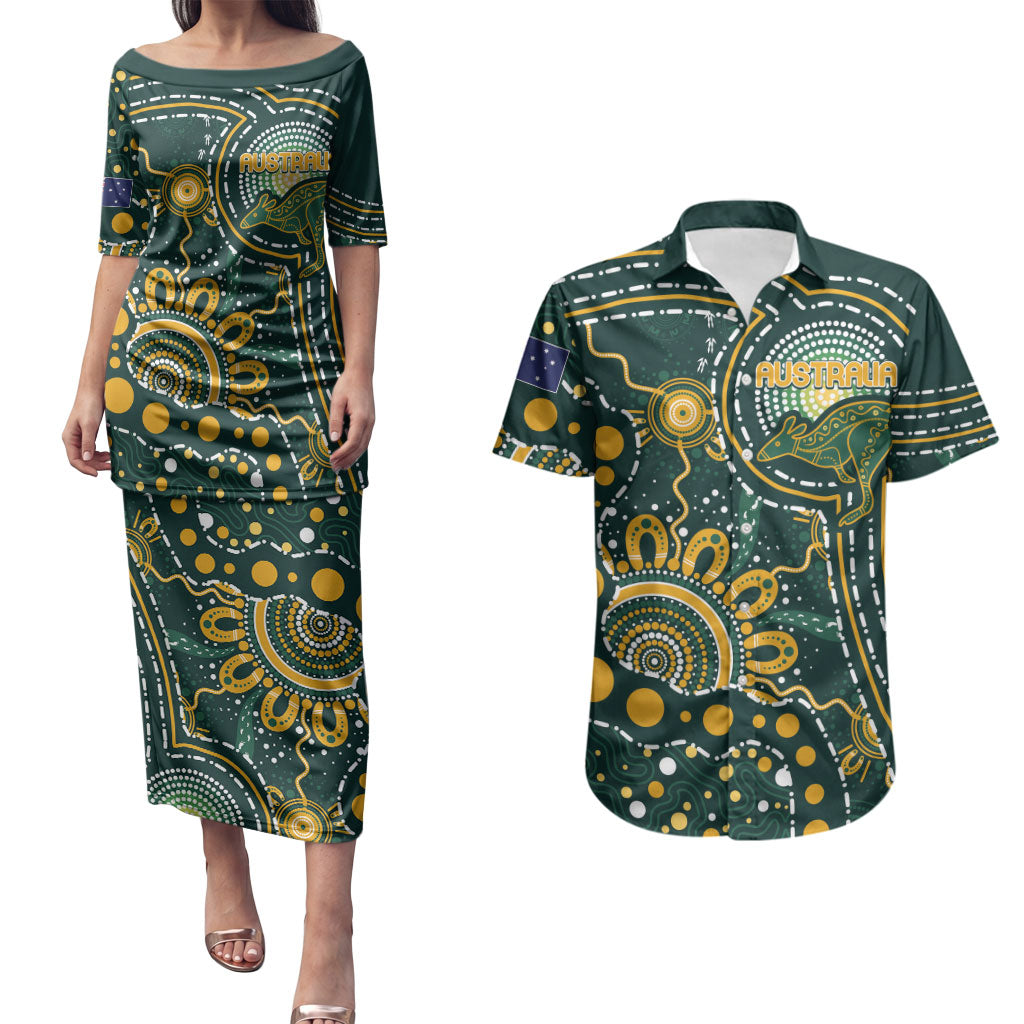 Australia Kangaroos Custom Indigenous Personalised Couples Matching Puletasi and Hawaiian Shirt Aboriginal Arts - Rising Sun