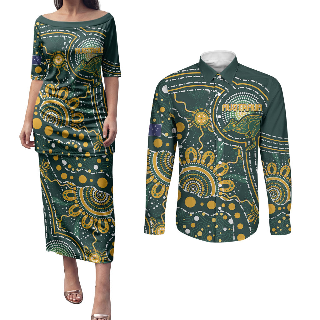 Australia Kangaroos Custom Indigenous Personalised Couples Matching Puletasi and Long Sleeve Button Shirt Aboriginal Arts - Rising Sun