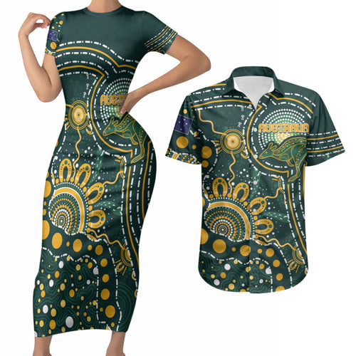 Australia Kangaroos Custom Indigenous Personalised Couples Matching Short Sleeve Bodycon Dress and Hawaiian Shirt Aboriginal Arts - Rising Sun