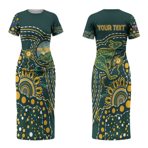 Australia Kangaroos Custom Indigenous Personalised Couples Matching Short Sleeve Bodycon Dress and Hawaiian Shirt Aboriginal Arts - Rising Sun