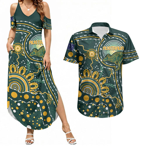 Australia Kangaroos Custom Indigenous Personalised Couples Matching Summer Maxi Dress and Hawaiian Shirt Aboriginal Arts - Rising Sun