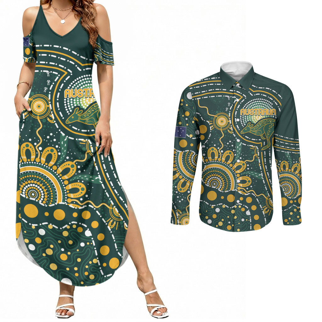 Australia Kangaroos Custom Indigenous Personalised Couples Matching Summer Maxi Dress and Long Sleeve Button Shirt Aboriginal Arts - Rising Sun