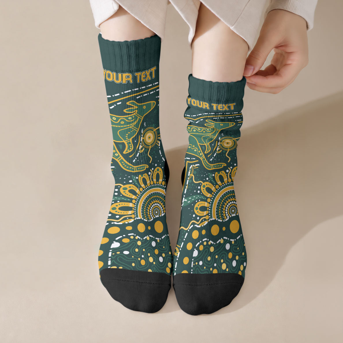 Australia Kangaroos Custom Indigenous Personalised Crew Socks Aboriginal Arts - Rising Sun