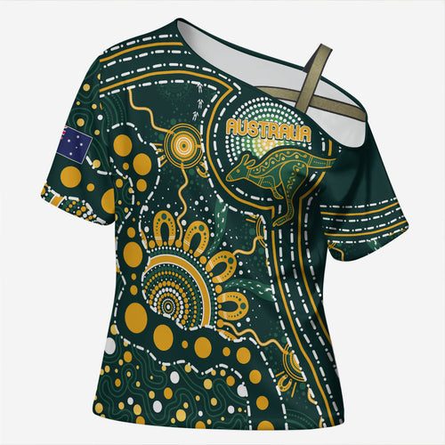 Australia Kangaroos Custom Indigenous Personalised Cross Shoulder Shirt Aboriginal Arts - Rising Sun