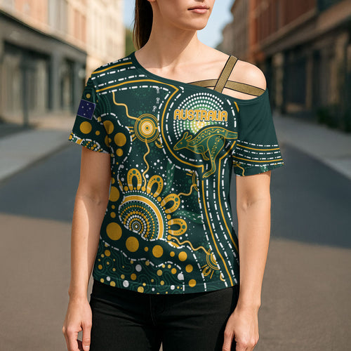 Australia Kangaroos Custom Indigenous Personalised Cross Shoulder Shirt Aboriginal Arts - Rising Sun