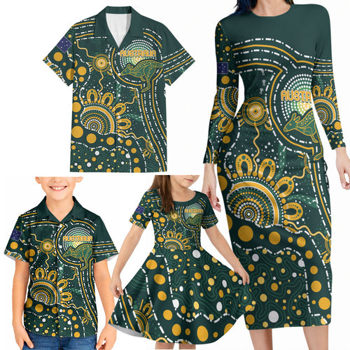 Australia Kangaroos Custom Indigenous Personalised Family Matching Long Sleeve Bodycon Dress and Hawaiian Shirt Aboriginal Arts - Rising Sun