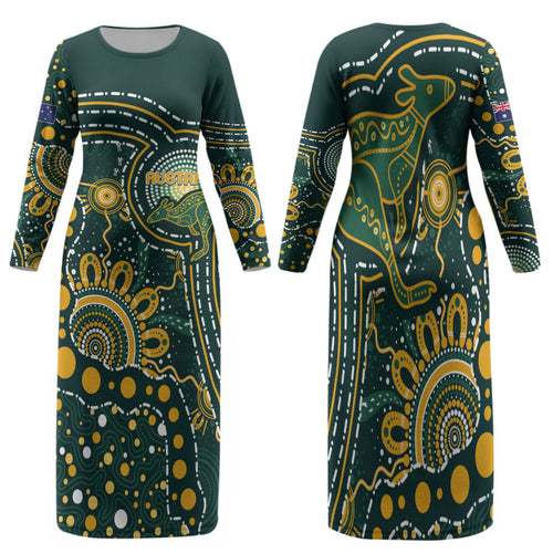 Australia Kangaroos Custom Indigenous Personalised Family Matching Long Sleeve Bodycon Dress and Hawaiian Shirt Aboriginal Arts - Rising Sun