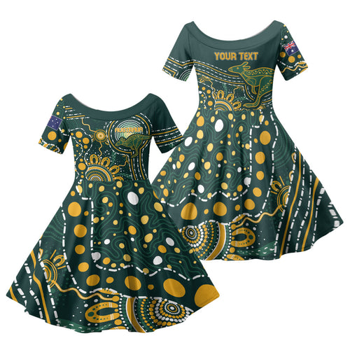 Australia Kangaroos Custom Indigenous Personalised Family Matching Long Sleeve Bodycon Dress and Hawaiian Shirt Aboriginal Arts - Rising Sun