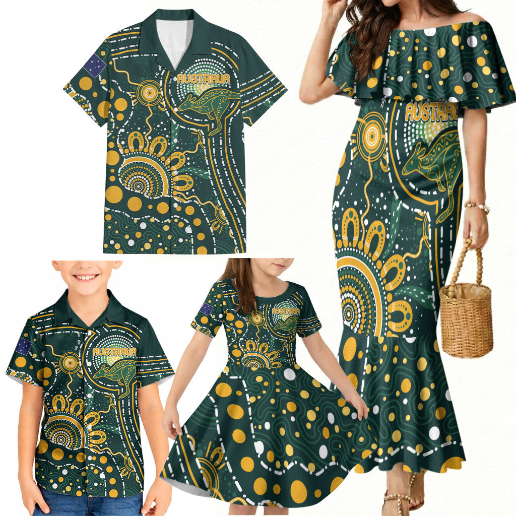 Australia Kangaroos Custom Indigenous Personalised Family Matching Mermaid Dress and Hawaiian Shirt Aboriginal Arts - Rising Sun