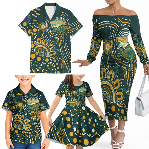 Australia Kangaroos Custom Indigenous Personalised Family Matching Off The Shoulder Long Sleeve Dress and Hawaiian Shirt Aboriginal Arts - Rising Sun