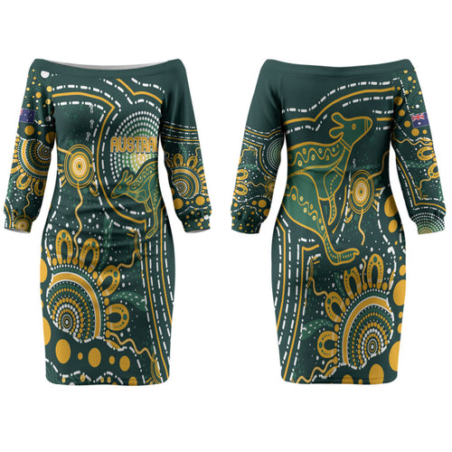 Australia Kangaroos Custom Indigenous Personalised Family Matching Off The Shoulder Long Sleeve Dress and Hawaiian Shirt Aboriginal Arts - Rising Sun