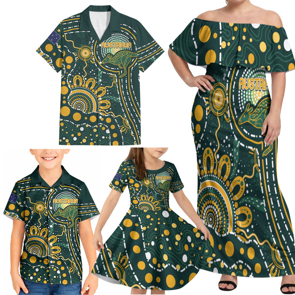 Australia Kangaroos Custom Indigenous Personalised Family Matching Off Shoulder Maxi Dress and Hawaiian Shirt Aboriginal Arts - Rising Sun