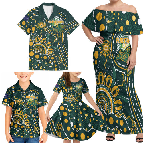 Australia Kangaroos Custom Indigenous Personalised Family Matching Off Shoulder Maxi Dress and Hawaiian Shirt Aboriginal Arts - Rising Sun