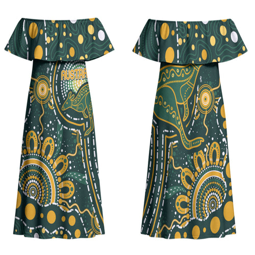 Australia Kangaroos Custom Indigenous Personalised Family Matching Off Shoulder Maxi Dress and Hawaiian Shirt Aboriginal Arts - Rising Sun